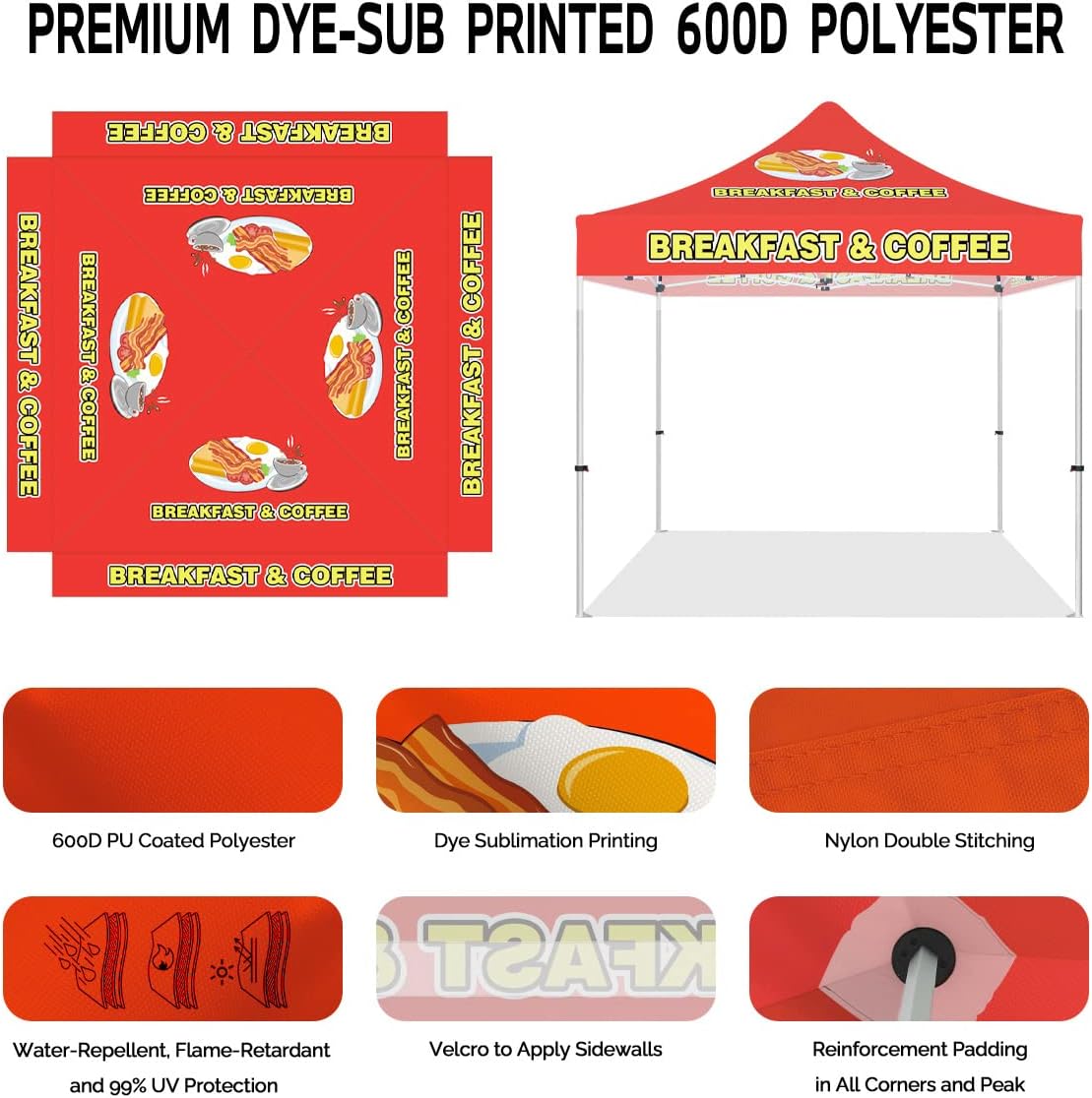 Coffee Vendor Tent 10x10 Custom Breakfast Booth Canopy Logo Print, Waterproof Polyester & Aluminum Frame, Ideal Coffee Stand Tent for Markets, Street Food, Events