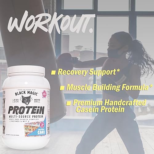 Miniatura 4 de Black Magic Protein - Suero, caseína de huevo, enzimas, culturismo, 2 libras, con llavero Enbanc Health (pastel de cumpleaños)