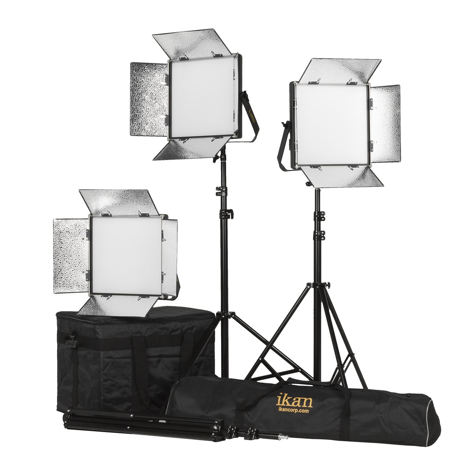 Ikan Lyra (3X) Bi-Color 3200K-5600K Soft Panel (1) 1 x 1 Studio & Field LED Lighting Kit, Includes Barn Doors, Stands and Case, Bi-Color Adjustable (