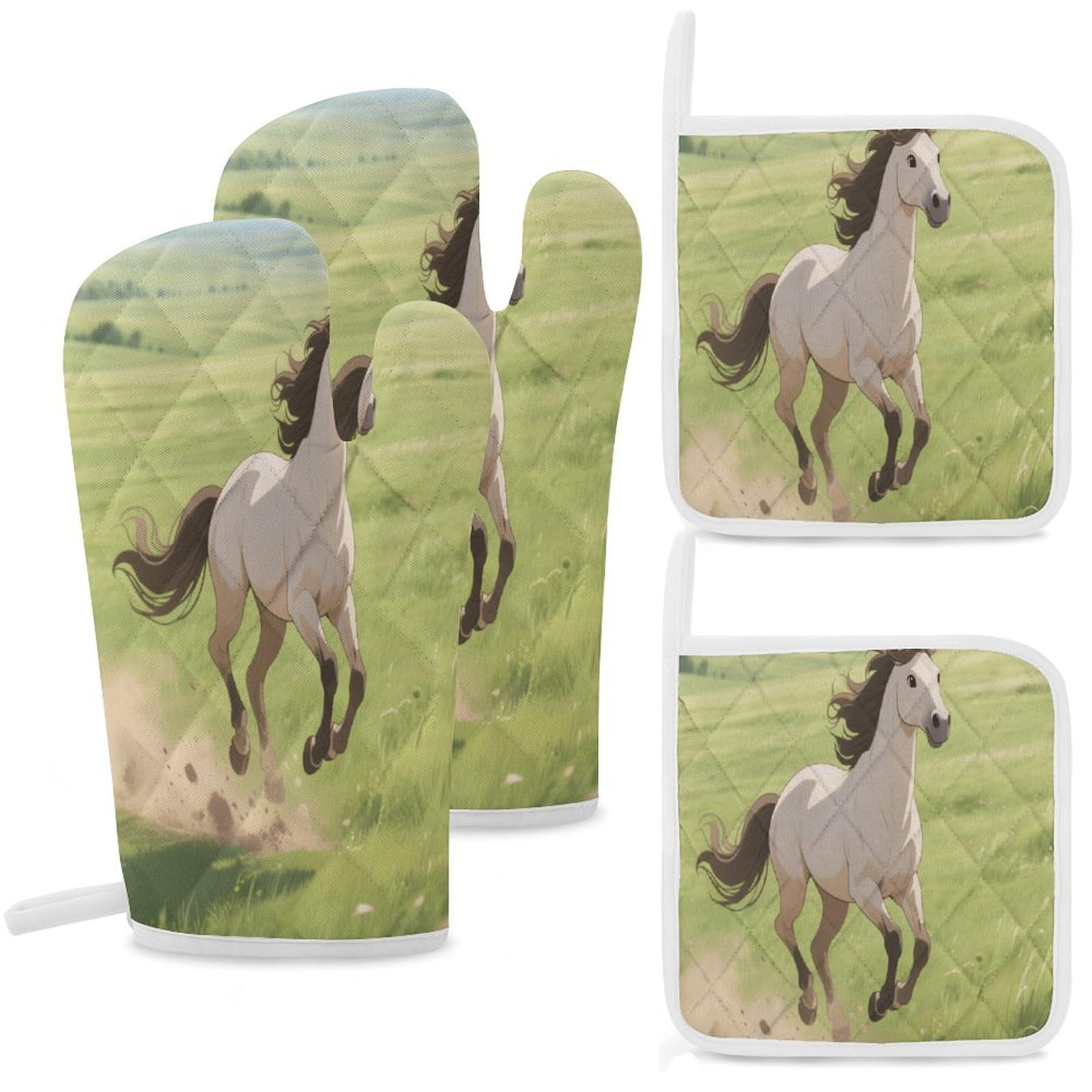 Fekiloot Style Horse On The Grassland Oven Mitts And Pot Holders 4-Piece Set, Kitchen Oven Glove With Hanging Loop, Bbq Gloves For Cooking Baking Grilling