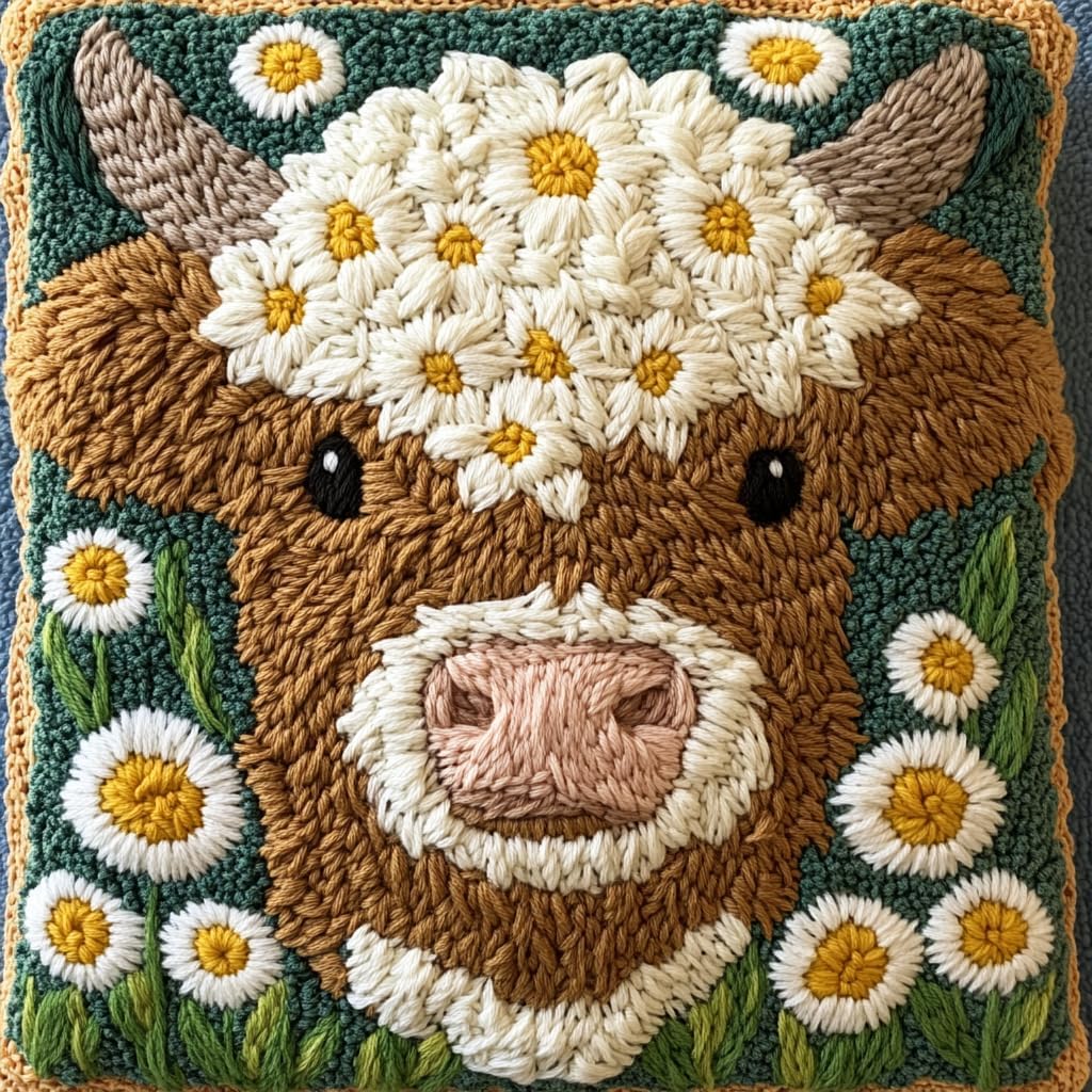 DIY Punch Needle Pillow Kit Cute Highland Cow Daisy Flowers with Pattern and Hoop Handmade Embroidery Punch Needle Starter Pillowcase Set for Home Sofa Decor 43x43cm-1-57