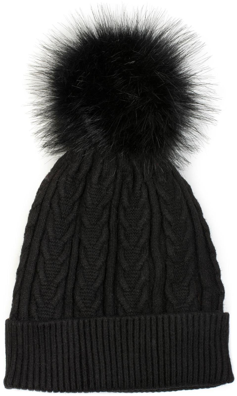 styleBREAKER Women's fine Knit pom pom Beanie with Cable Pattern, Faux Fur pom Beanie, Lined Winter Knit Beanie 04024100, Colour:Black