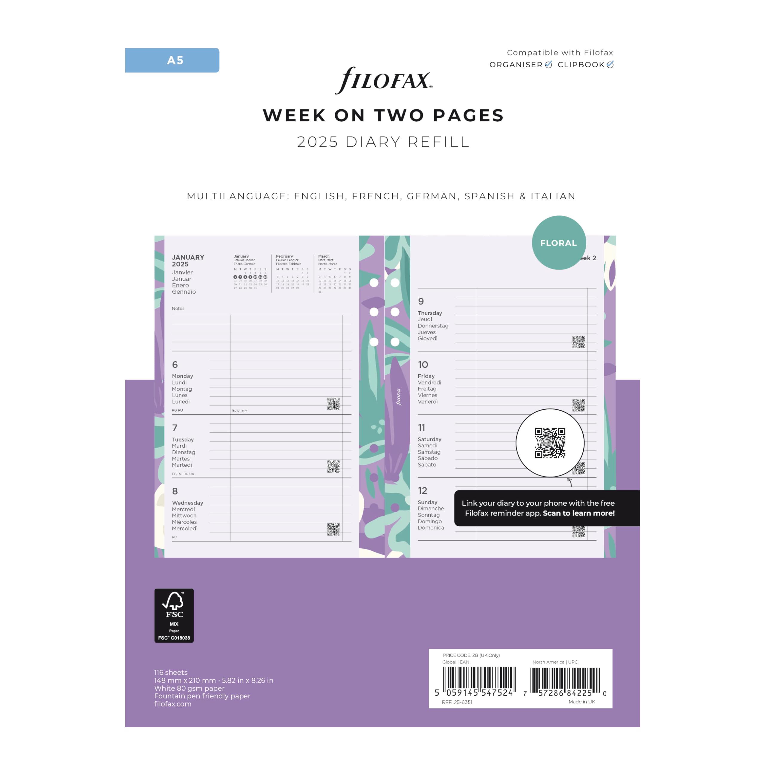 Filofax Personal Filofax Calendar Diary Refill, A5 Size, Vertical Year ...