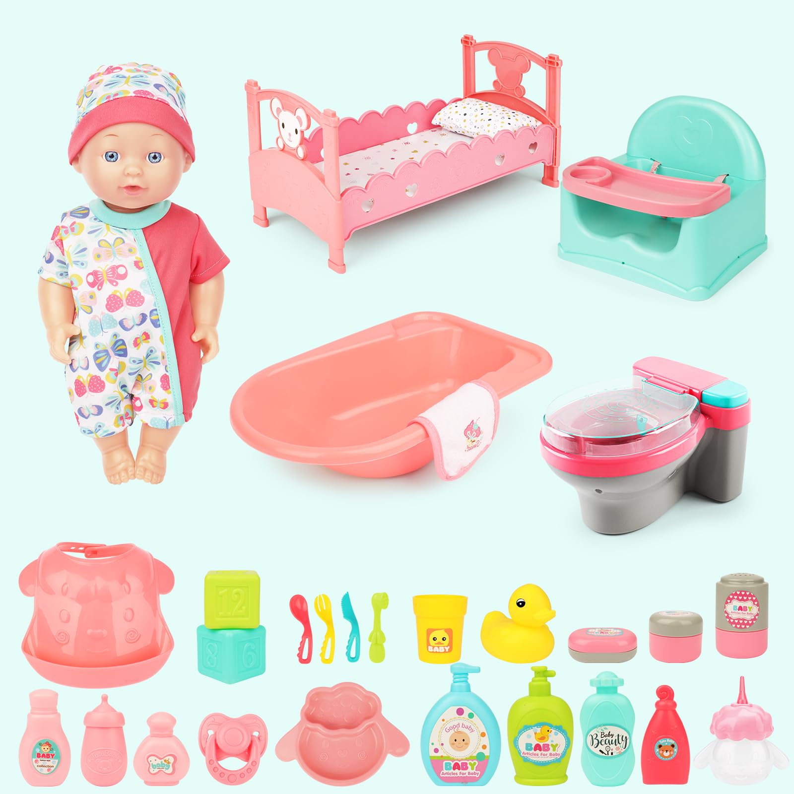 deAO 4 in1 Bambola con Accessori Bambolotti Bambole con WC, Bagno, Lettino | 31 PezziSet Giocattolo per Bambola Bebè con Vestiti, Biberon e Posate per Bambini 3+ Anni