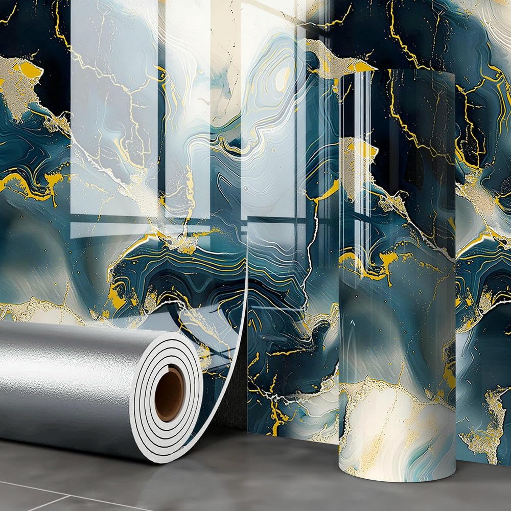 Gilded Imitation Ceramic Marble Self-Adhesive Wallpaper for Kitchen and Bathroom Walls Dark Blue Gilded 40 * 300cm