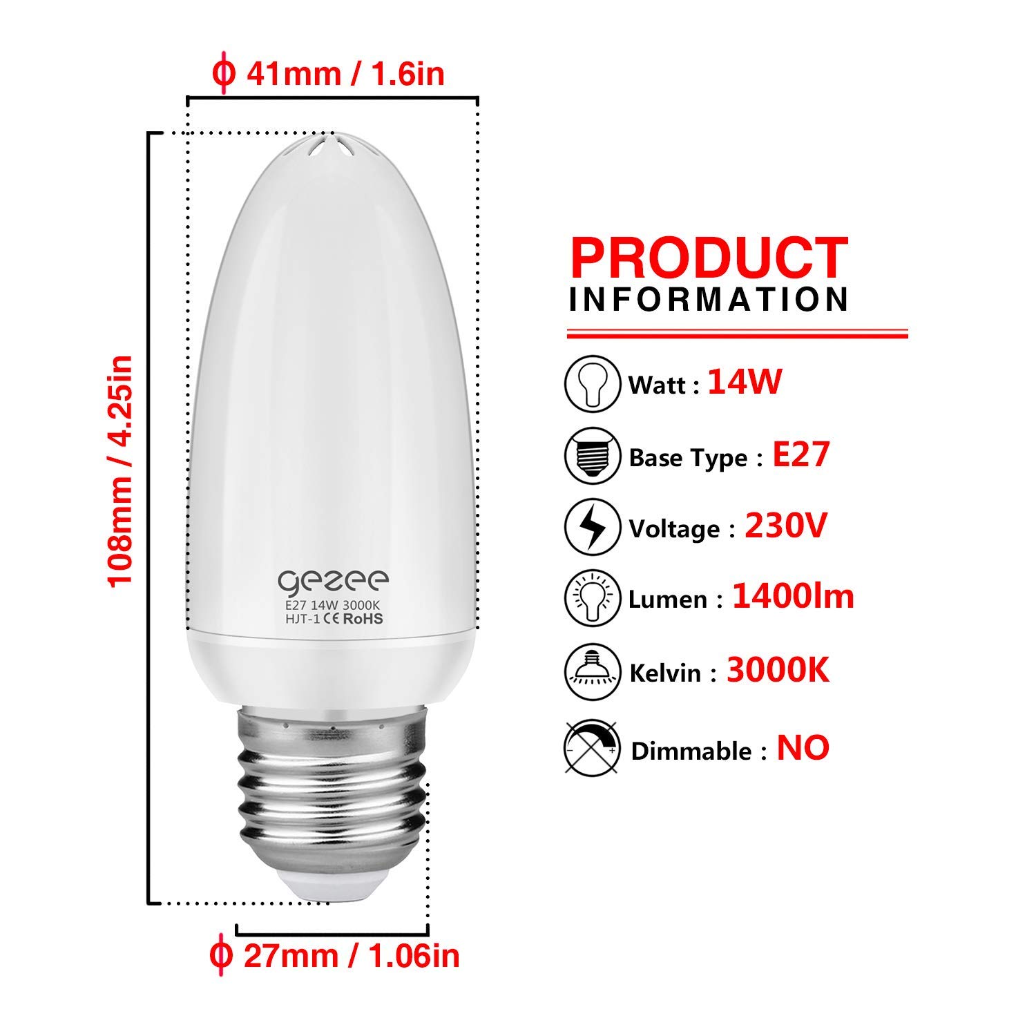 12W Bombilla LED E27 LED Maíz Bombilla Blanco Cálido 3000K,Equivalente Bombillas Incandescente 120W,Alto Brillo 1450LM Puede Reemplazar Lámpara Halógena 100W~120W,CRI 80+,No Regulable,Paquete De 5