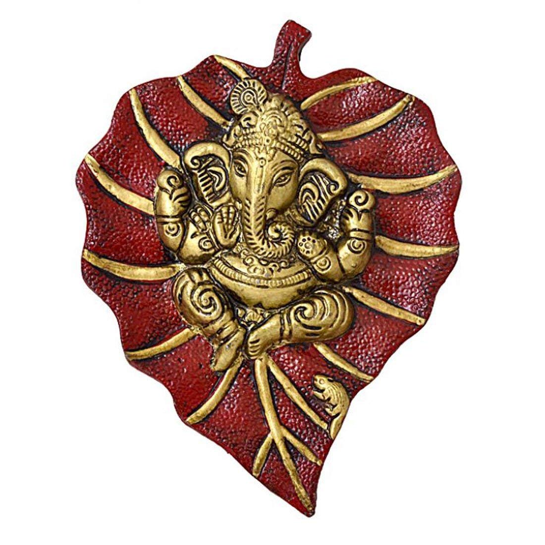 Whitewhale White Whale Lord Ganesh Ganapati The Elephant god Statue Figure on Leaf in Metal Wall Hanging Great Diwali