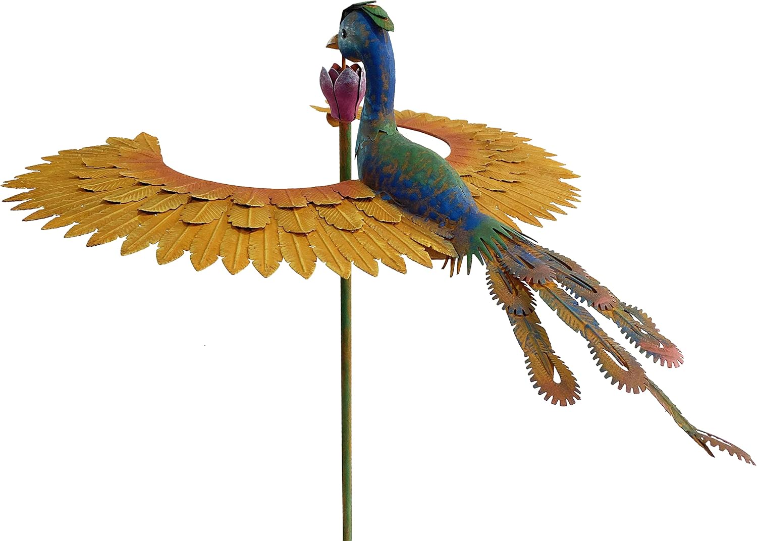 Metal Rustic Peacock Spinning Balancer Stake Outdoor Wind Sculpture Kinetic Movement Yard Art Center Piece