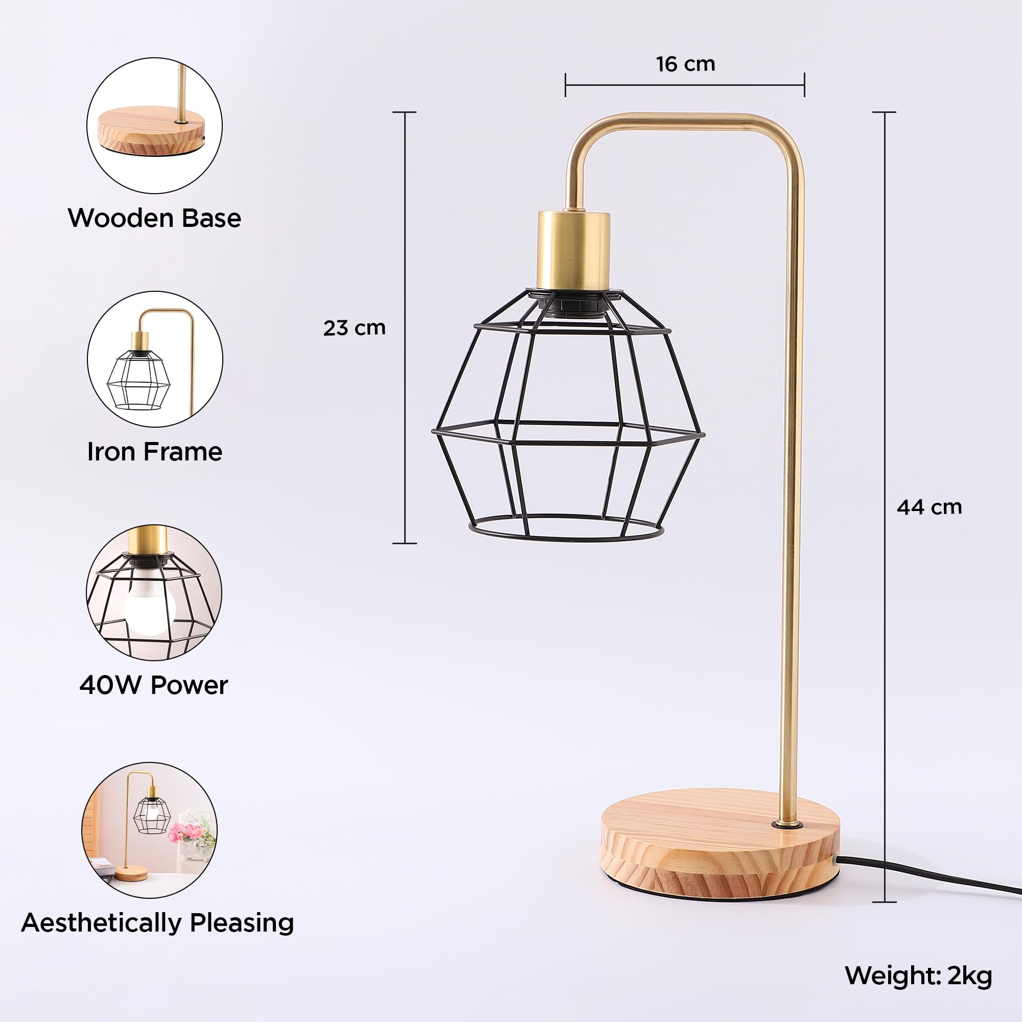 Kuber Industries Aesthetic & Modern Bedroom Lamp for Side Table | Office & Desk Table Lamp for Living Room and Home Decor with Iron Frame & Wooden Base | Natural Wooden Brown-SD03A 2
