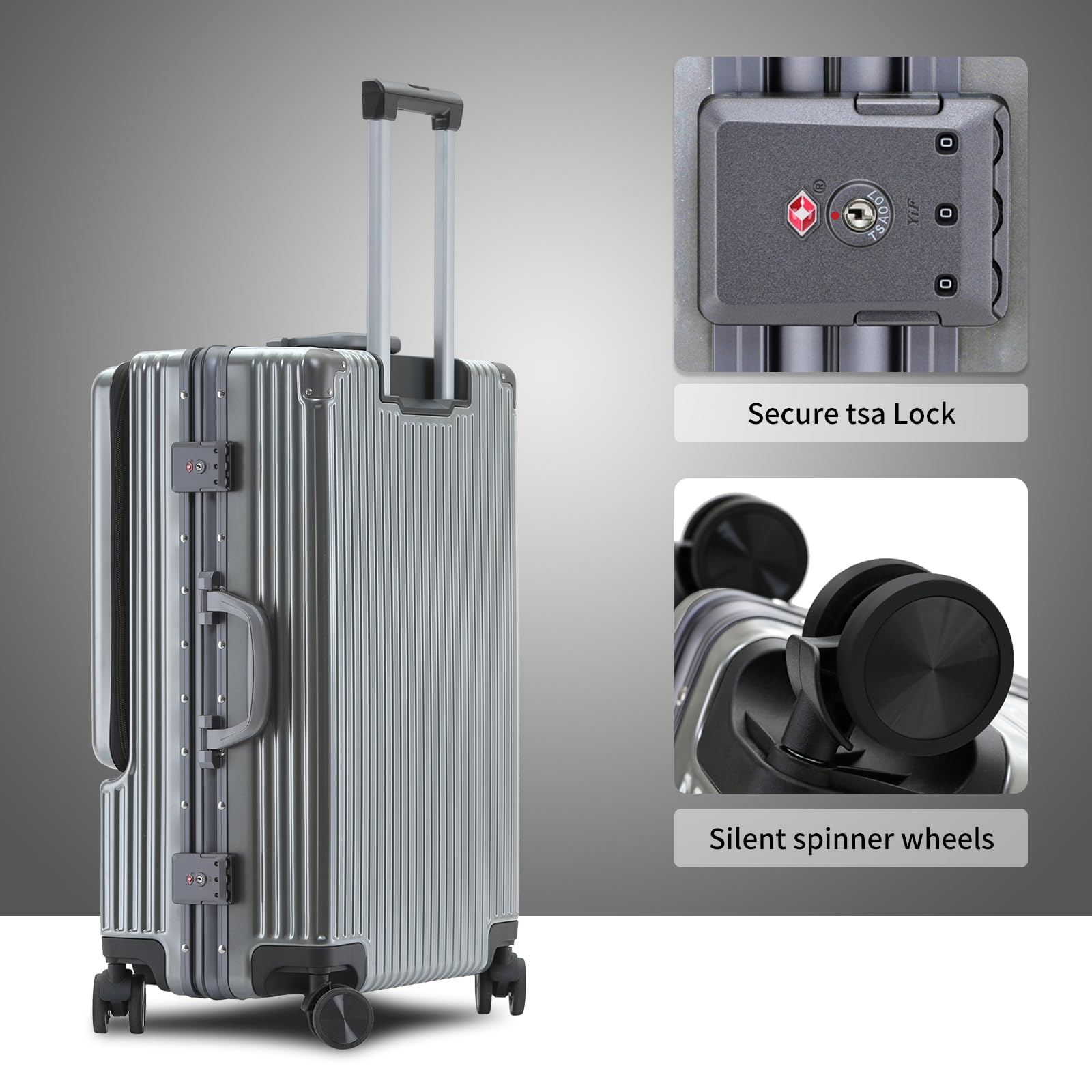 YUNASAY Front Compartment Aluminum Frame Carry on Luggage 22x14x9 Airline Approved,Usb Port, and TSA Lock, PC+ ABS suitcases with wheels(Silver, 20 inch)