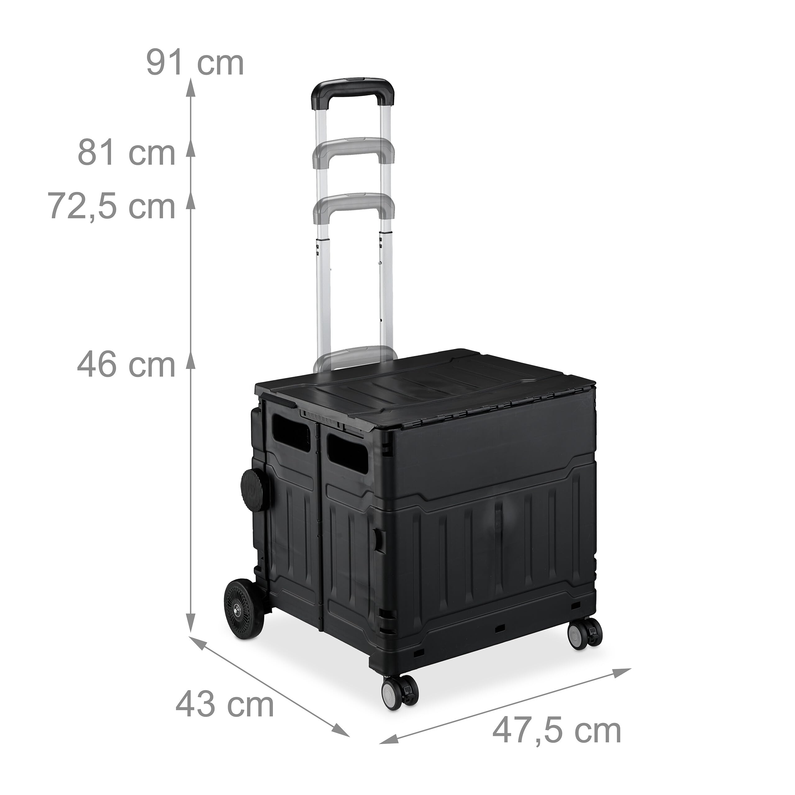 Relaxdays Carrello per Spesa Pieghevole, 50 kg Carico, Manico e Coperchio, Carrellino Trolley Portaspesa, Nero
