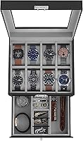 Vista 15 de SONGMICS Caja de reloj, organizador de 20 ranuras para reloj con tapa de vidrio grande, almohadas extraíbles, cerradura de metal, regalo para seres
