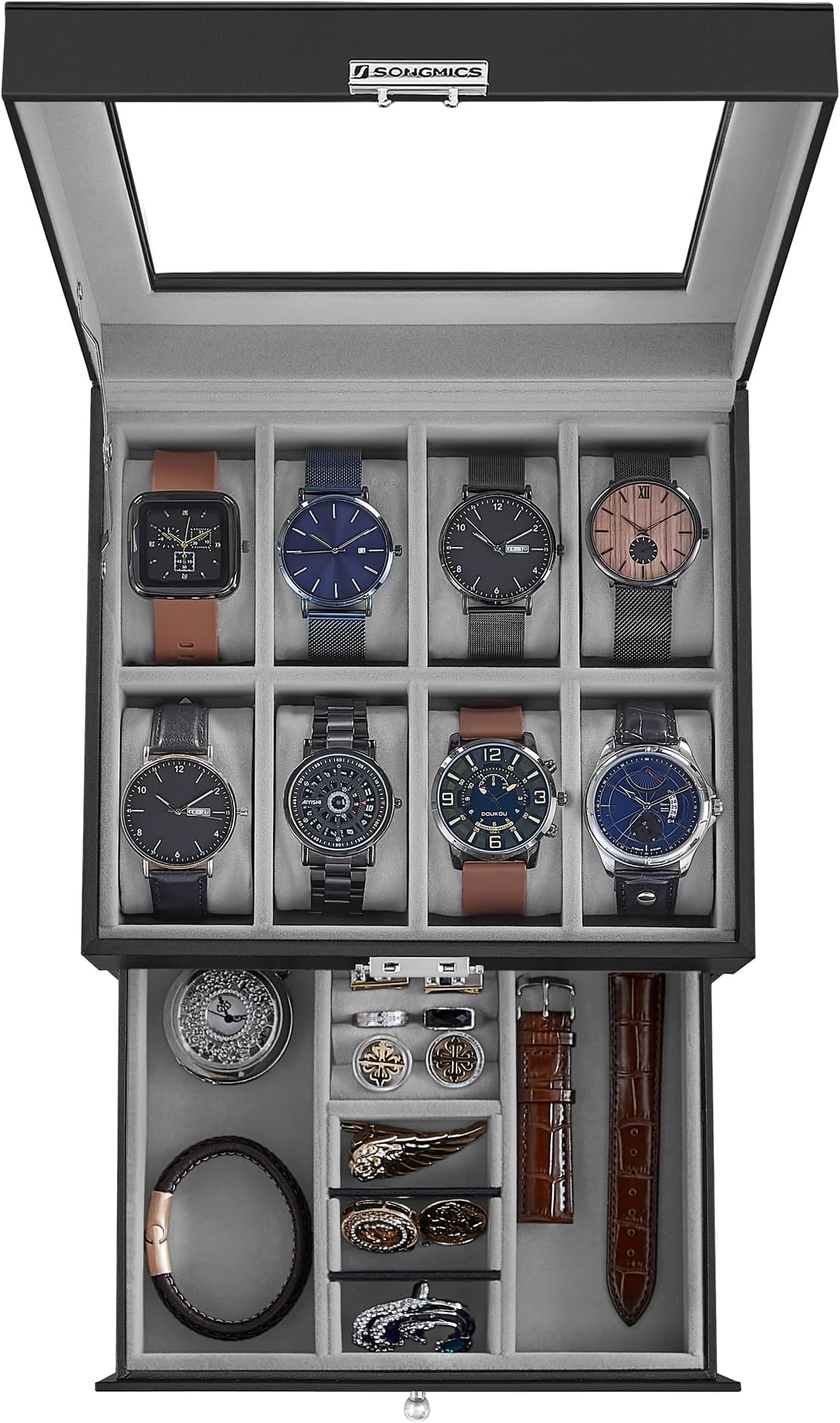 SONGMICS Watch Box, 8-Slot Watch Case Organizer with Large Glass Lid, 2 Layers, Removable Pillows, Metal Lock, Gift for Loved Ones, Black Synthetic Leather, Greenish Gray Lining UJWB080G01