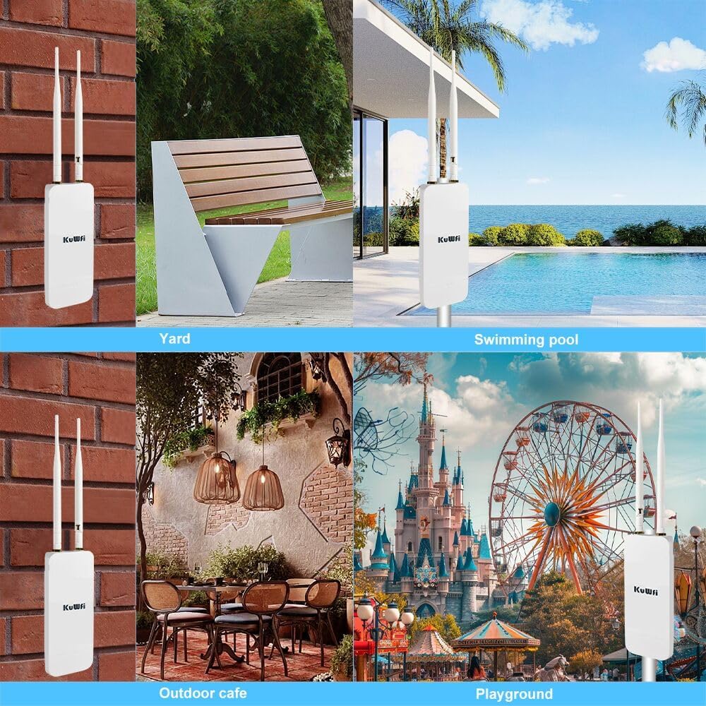 KuWFi AP1200F installed on a brick wall, next to a wooden bench, near a swimming pool, and in an outdoor cafe and playground setting.