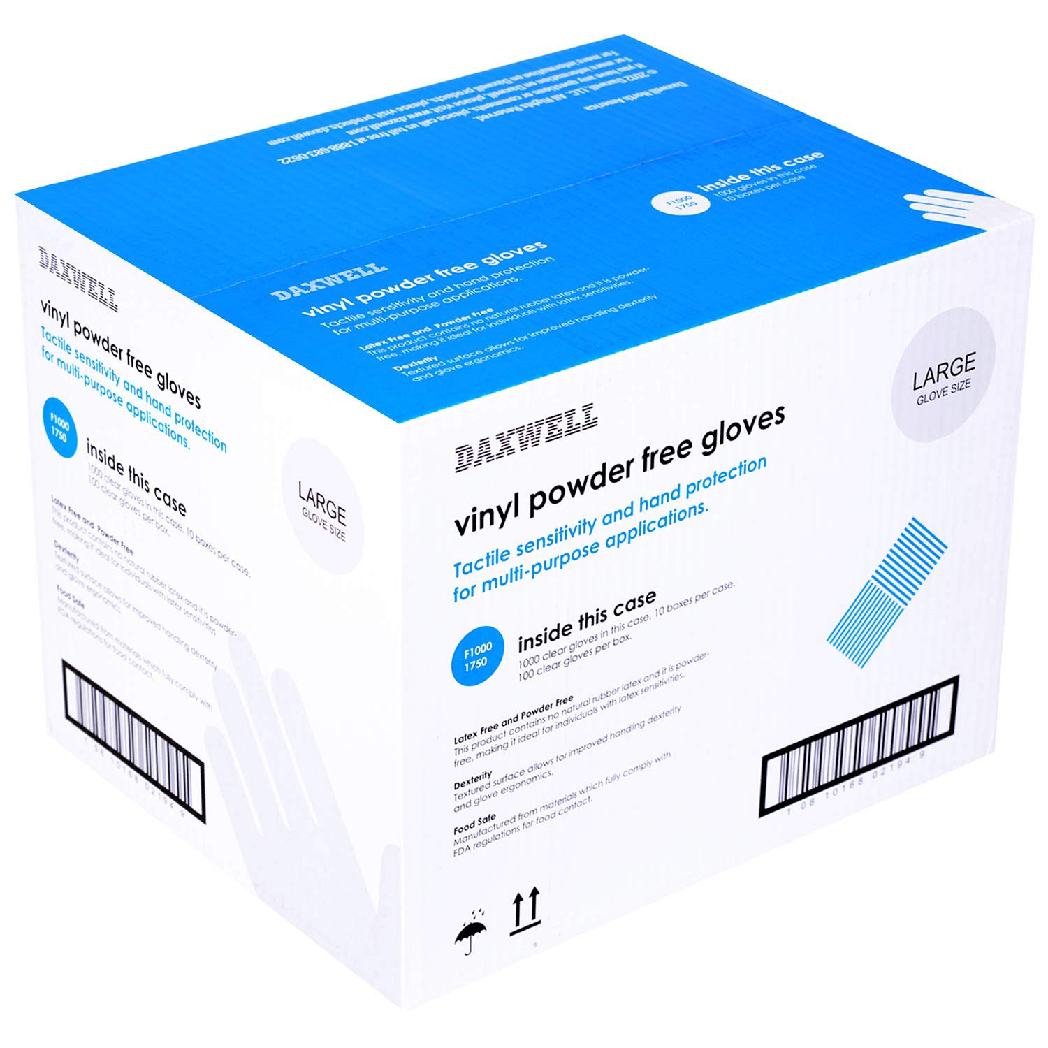 Daxwell Vinyl Gloves, Powder Free, Large, Clear, F10001750 (Case of 1,000, 10 Boxes of 100)