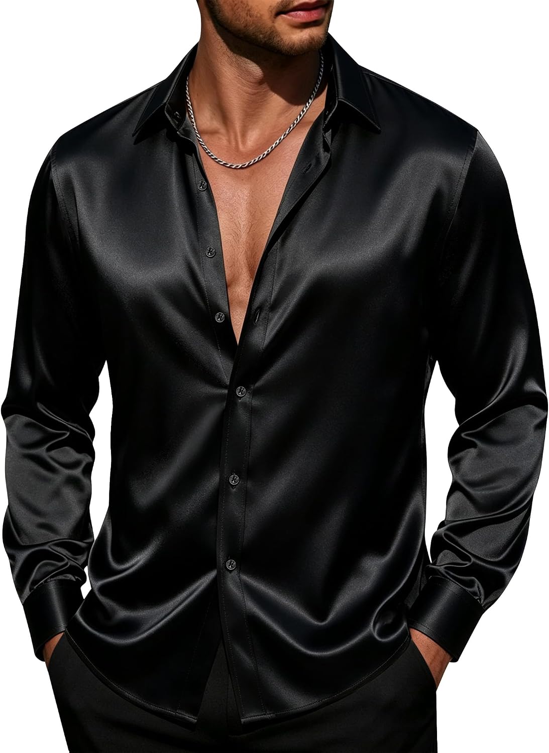 J.VER Mens Silk Satin Long Sleeve Dress Shirt Casual Button Down Shirts