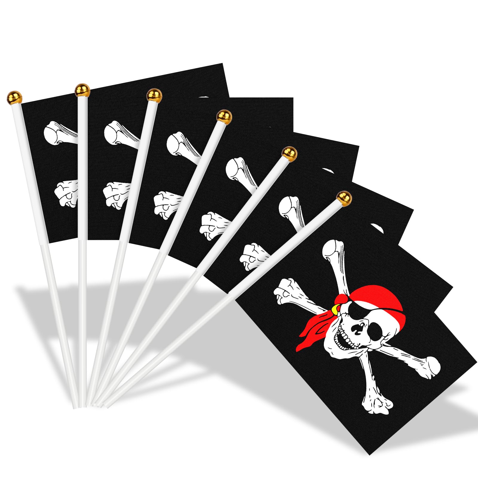 AhfuLife 30pcs Pirate Jolly Roger Flags on Sticks for Pirate Themed Party Decorations, 14 x 21cm Hand Held Red Scarf Small Flags with 30cm White Pole for Halloween Indoor Outdoor Decorations — image 1