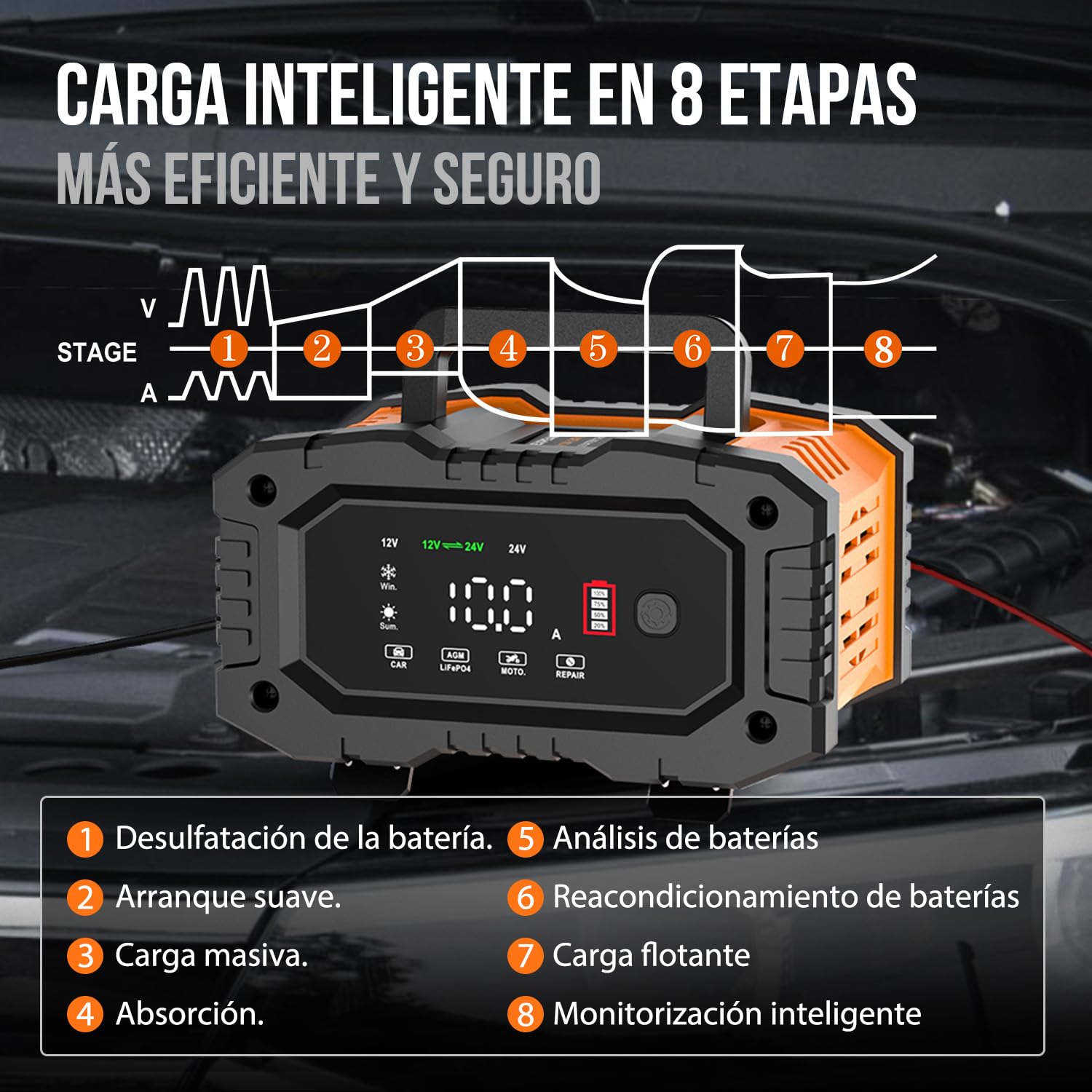 Cargador de batería Inteligente 10A, Cargadores de batería de Coche LiFePO4 12V 24V, mantenedor de batería automático con compensación Temperatura para Coche Motocicleta camión, AGM, Gel, húmedo, SLA