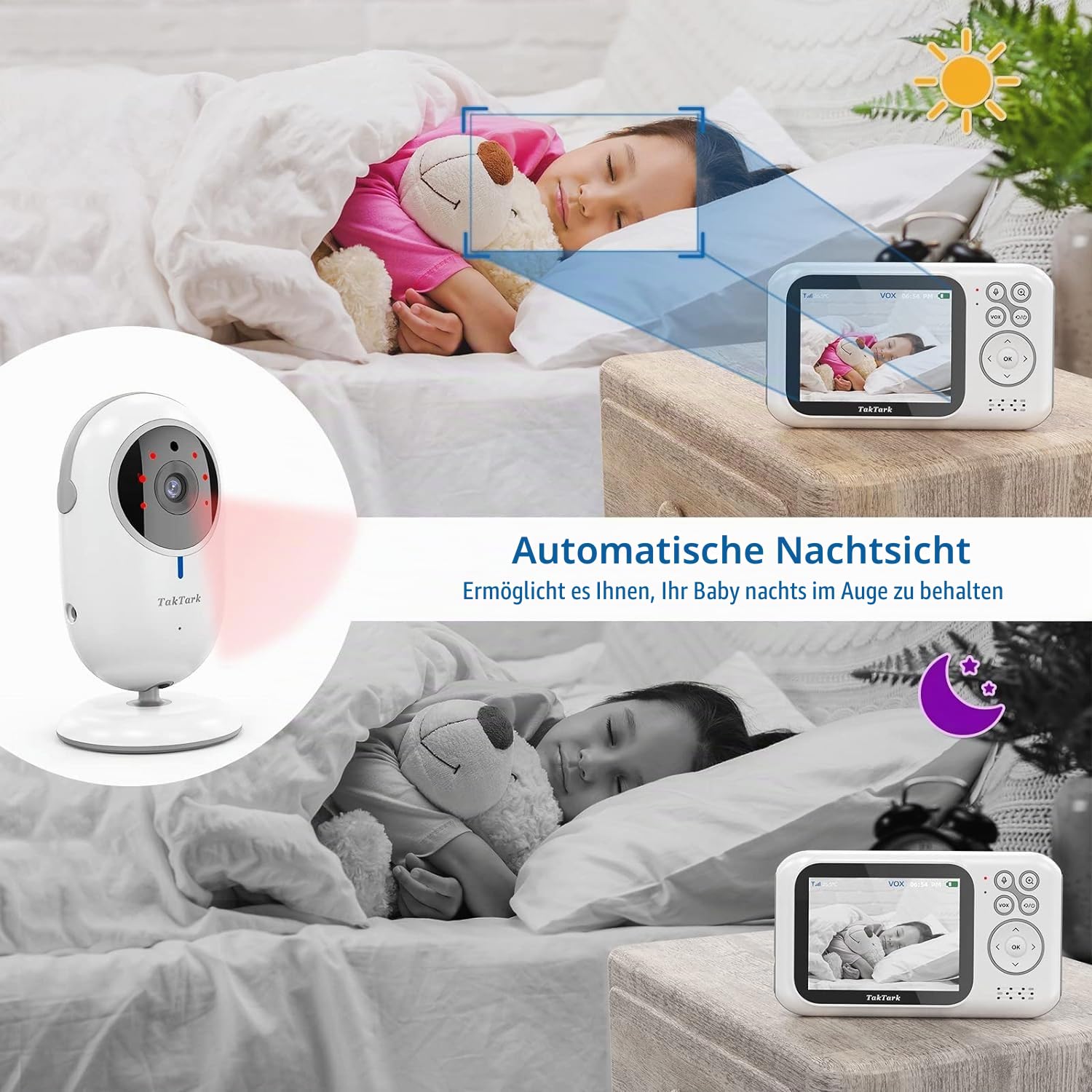 TakTark Babyphone mit Kamera, Babyfon mit 3.2'' Video Baby Monitor, Kamera und Audio Babyphone mit Zoom, VOX Funktion, Gegensprechfunktion, Nachtsicht, Temperaturüberwachung
