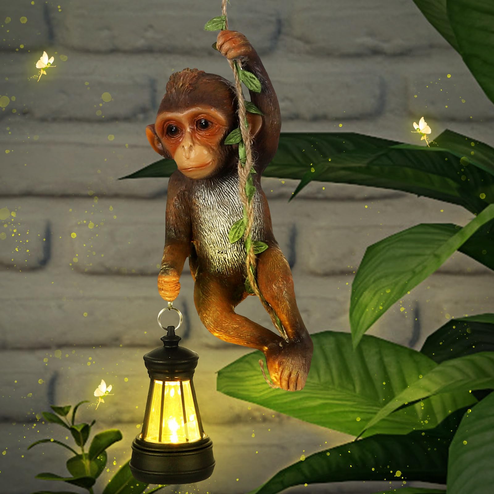 Rossesay Solar Light Outdoor Monkey Statues Brown 7.48 Inch Resin Chimpanzee Baby Monkey Climbing on Vine with LED Lantern Waterproof Hanging Figurine with Hook for Yard Garden Wall