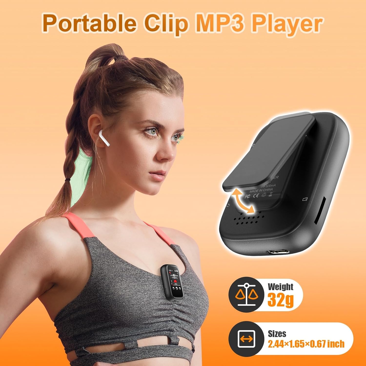 Portable Kids Mp3 Player with Clip on Back,Small Music Player with Bluetooth 5.3,Touch Screen,Biult-in Voice Record FM Radio,Micro SD Card Slot and Speaker for Outdoors Sports,Max 512GB Expand
