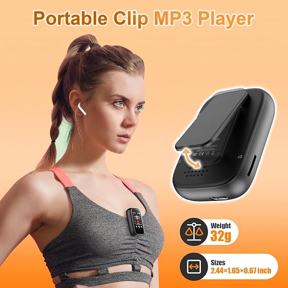 Portable Kids Mp3 Player with Clip on Back,Small Music Player with Bluetooth5.3,Touch Screen,Biult-in FM Radio Voice Record,Earphones Included, Max 512GB Expand(Black)