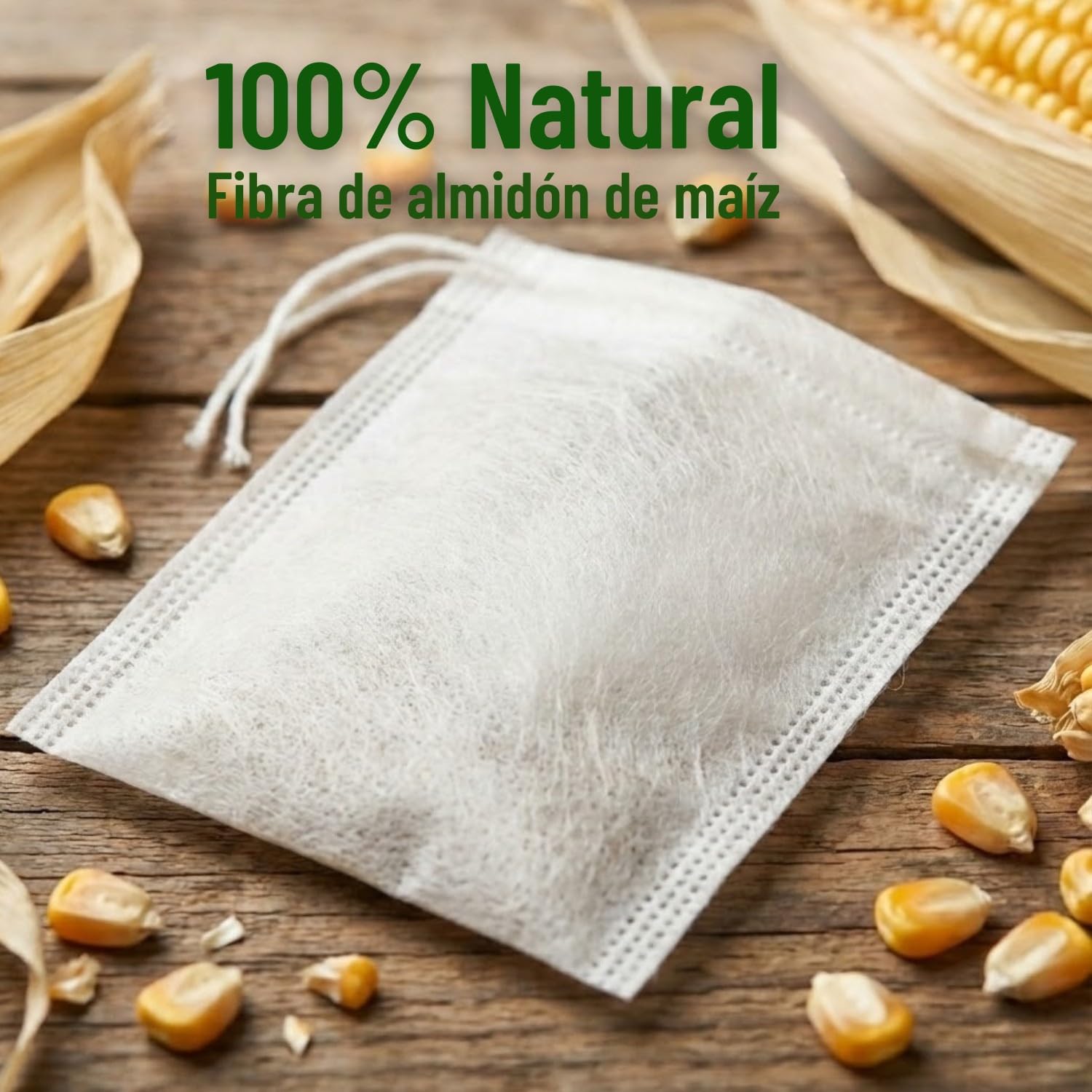 100 Bolsas de Té Desechables para Rellenar de Almidón de Maíz - Filtros Vacíos para Té a Granel, Infusiones, Especias - Sin Plástico, No se Derriten - Tamaño Grande 8x6cm con Cordón