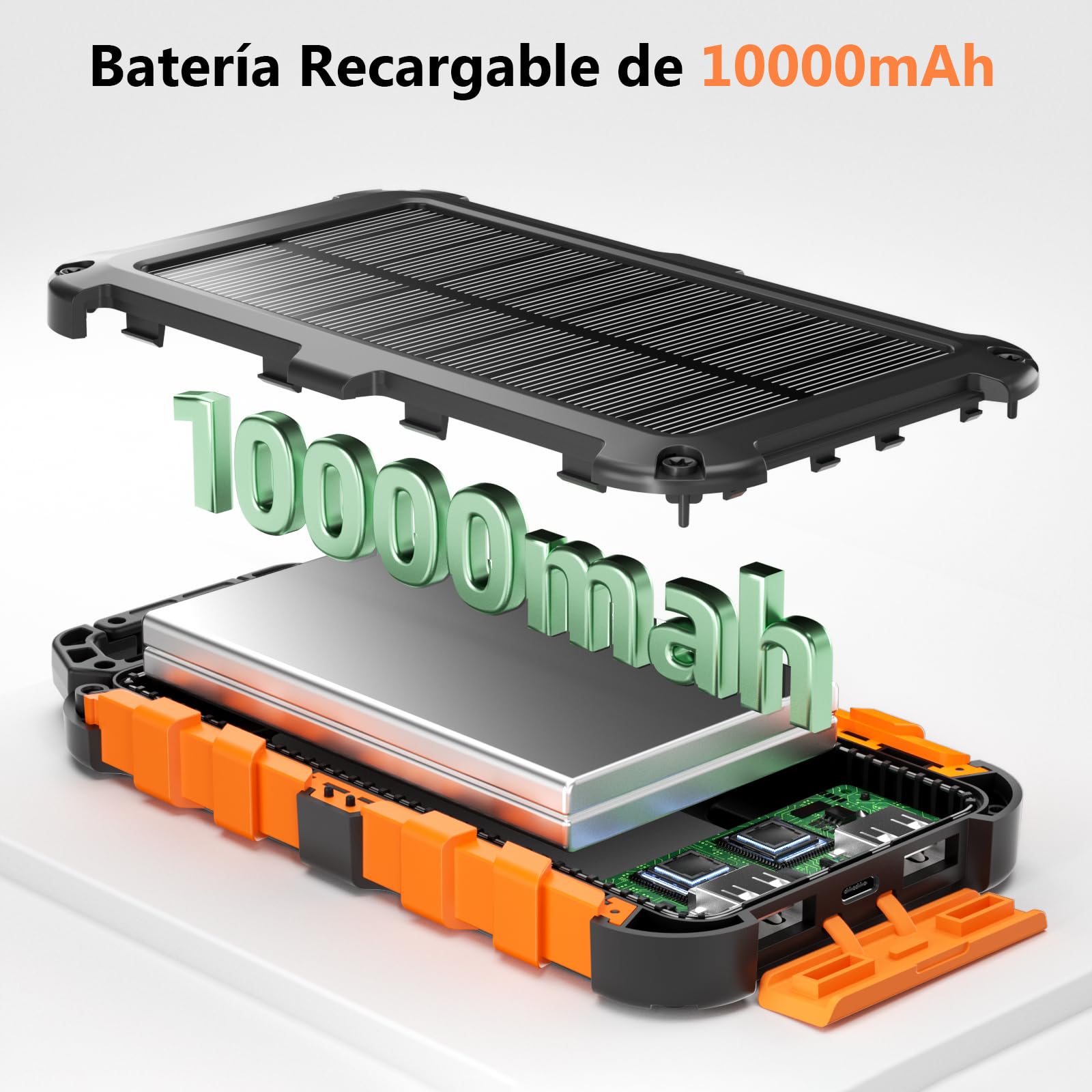 Cargador Solar 10000mAh, Power Bank Solar Batería Externa Portátil PD22.5W USB C Carga Rápida Impermeable 3 Salidas y 2 Entradas con Linterna LED para Moviles Tabletas Etc.