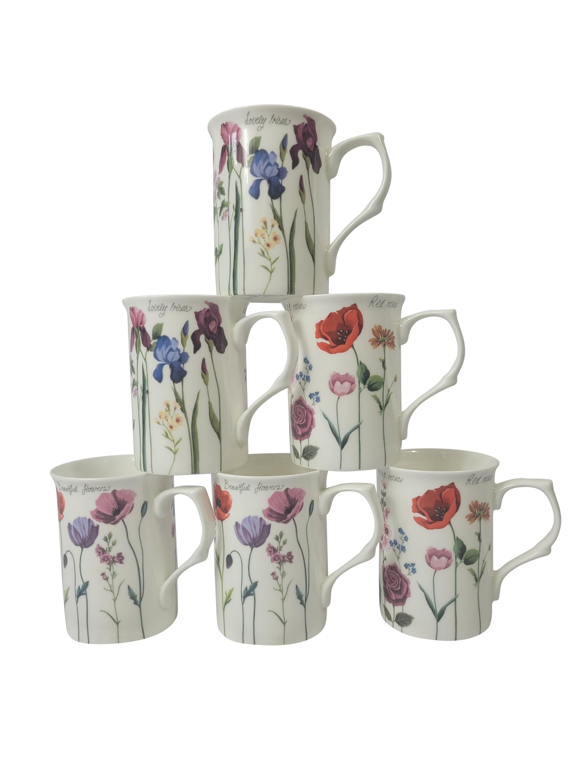 FINE Bone China Set of 6 Mixed STEM Flower Mugs Free Next Day DELIVERY in UK