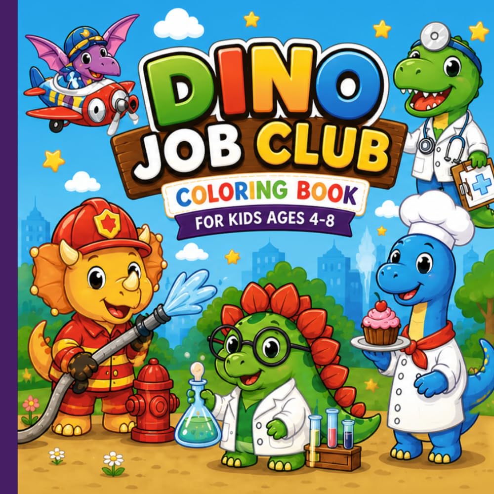 Cute Dino Job Club Coloring Book: 40 Adorable Pages of Kawaii Dinosaurs with Fun Jobs – For Kids Ages 4-8