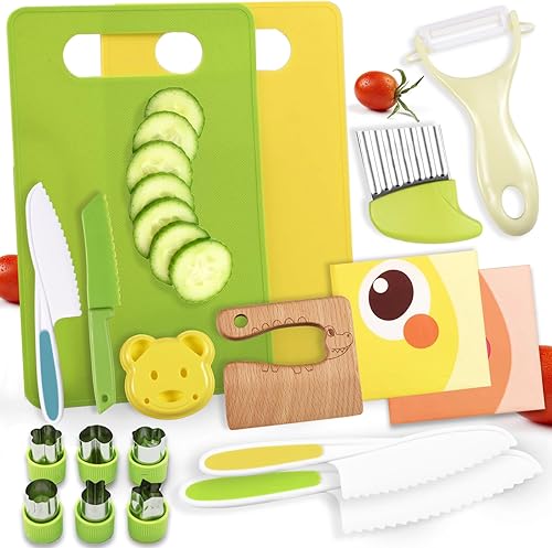 18 piezas Montessori utensilios de cocina utensilios de cocina para hornear para niños pequeños, juego de cuchillos seguros para niños pequeños para