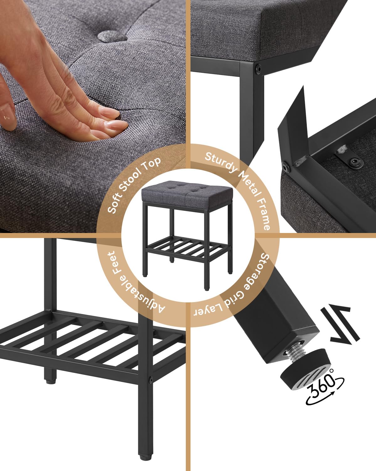 IBUYKE Silla de Maquillaje Rectangular con Patas Ajustables y Almacenamiento, Gris Oscuro