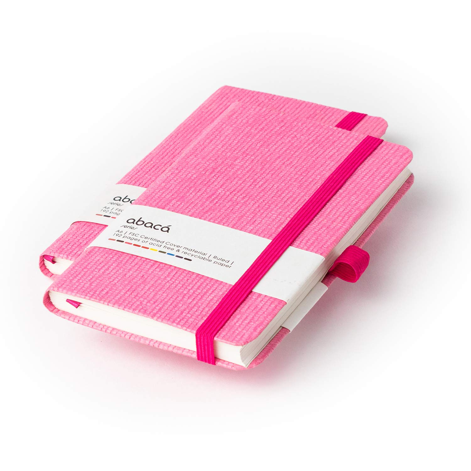 COMMA Abaca - Taccuino tascabile formato A6, rilegatura rigida, con chiusura a elastico, 192 pagine, carta ombreggiata naturale 80 g/m², copertina ruvida, confezione da 2, colore: rosa e rosa