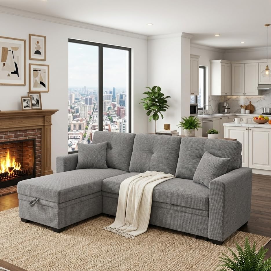 Image of KEIKI 71 inch Sleeper L Shaped Sofa with Pull Out Bed, Sleeper Sofa with Reversible Chaise, 3 Seater Modular Sectional Sofa with Storage for Living Room, Light Gray