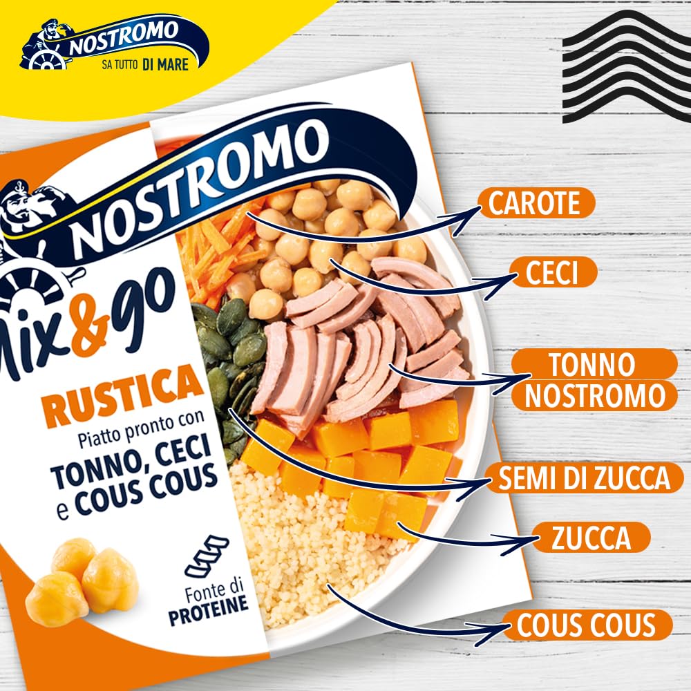 Nostromo Mix&Go Rustico - Piatto Pronto con Tonno, Ceci, Cous Cous - Gusto Mediterraneo e Veloce - Confezione da 12x190g