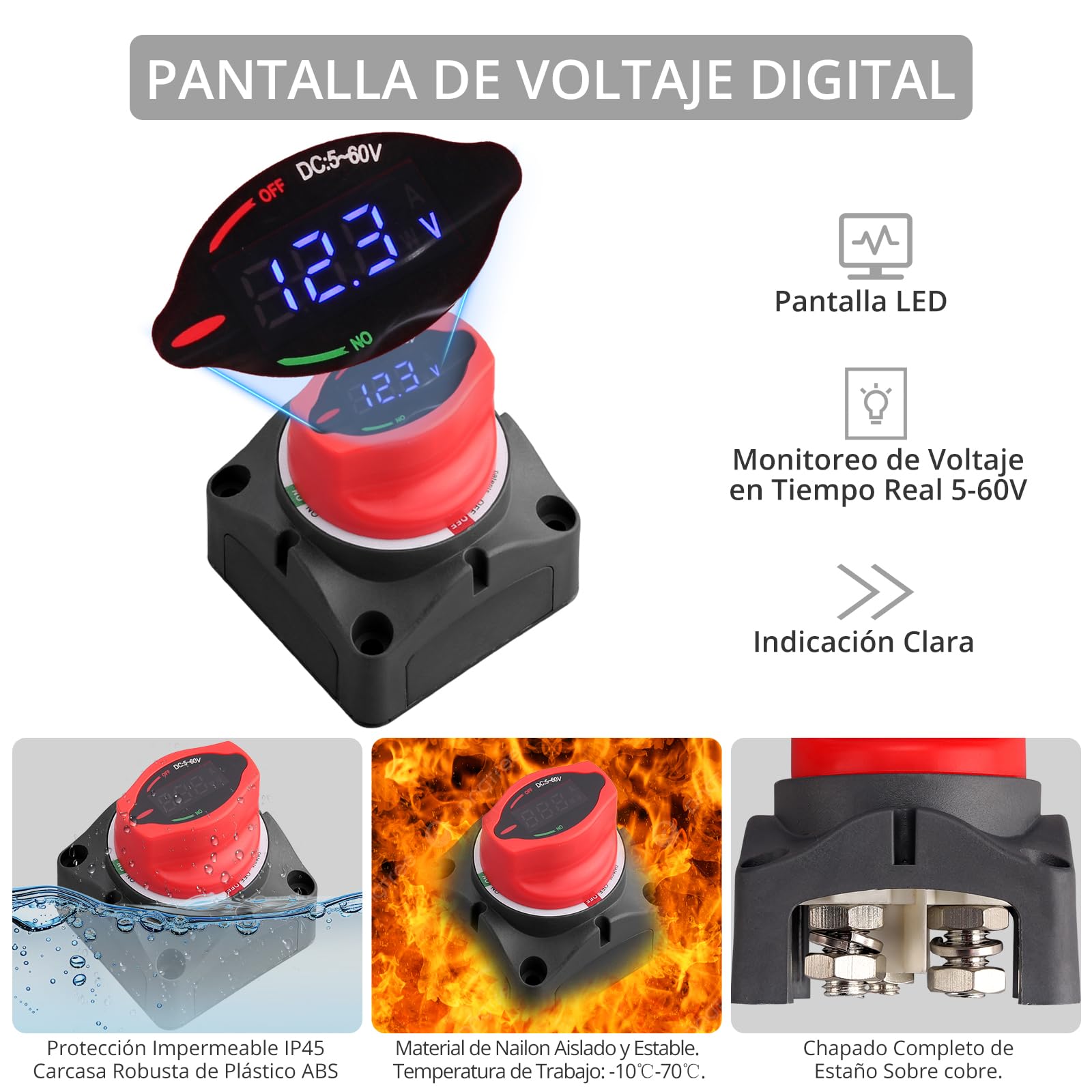 Justech Desconectador de Bateria Coche ON-OFF,5 V-60 V Interruptor de Batería con Pantalla LED para Camión,RV, Caravana,Barco,SUV