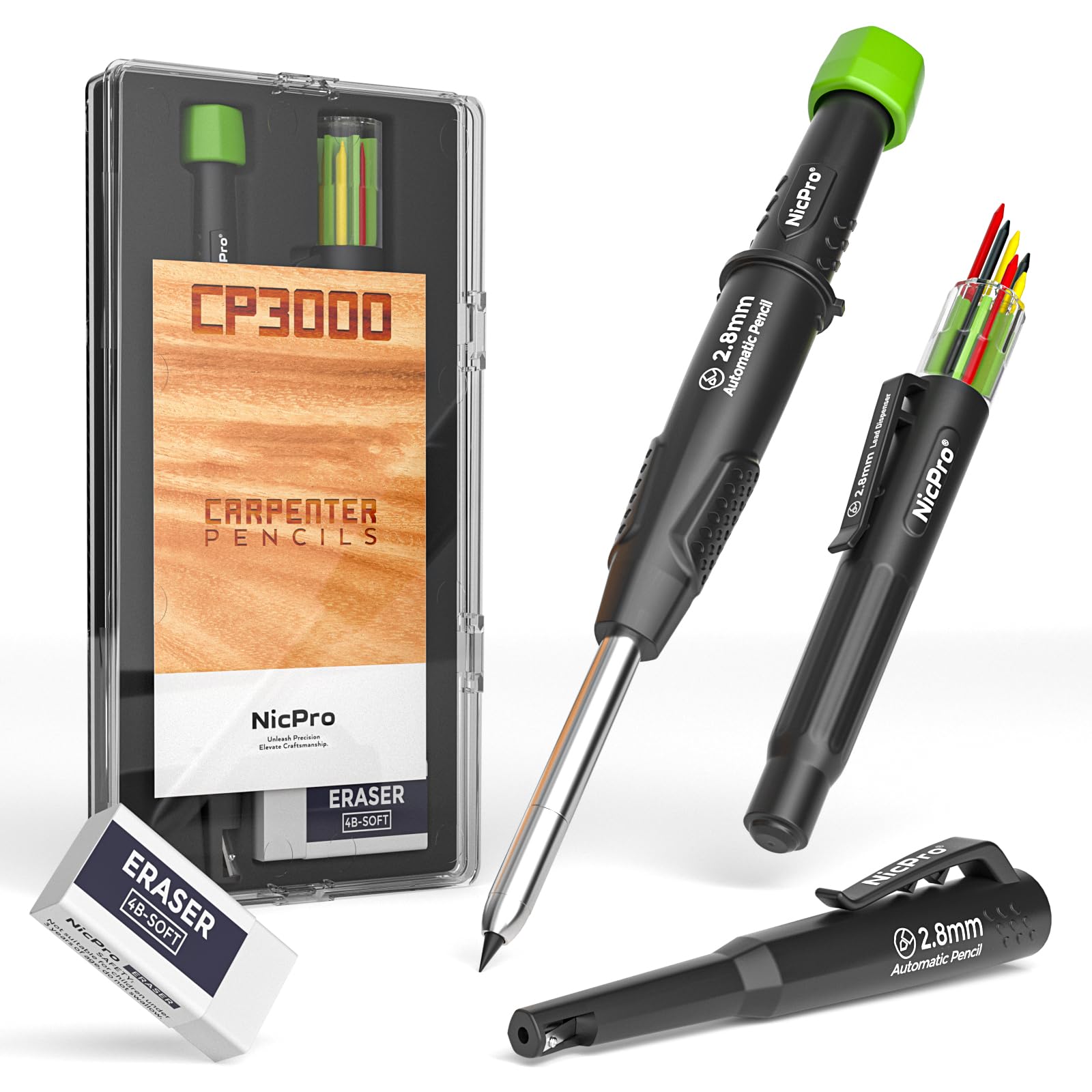 Nicpro Carpenter Pencil with Sharpener, CP3000 Construction Pencils with 6 Refills in a Lead Dispenser, Deep Hole Mechanical Pencil for Construction, Heavy Duty Carpenter Tools for Woodworking Marking