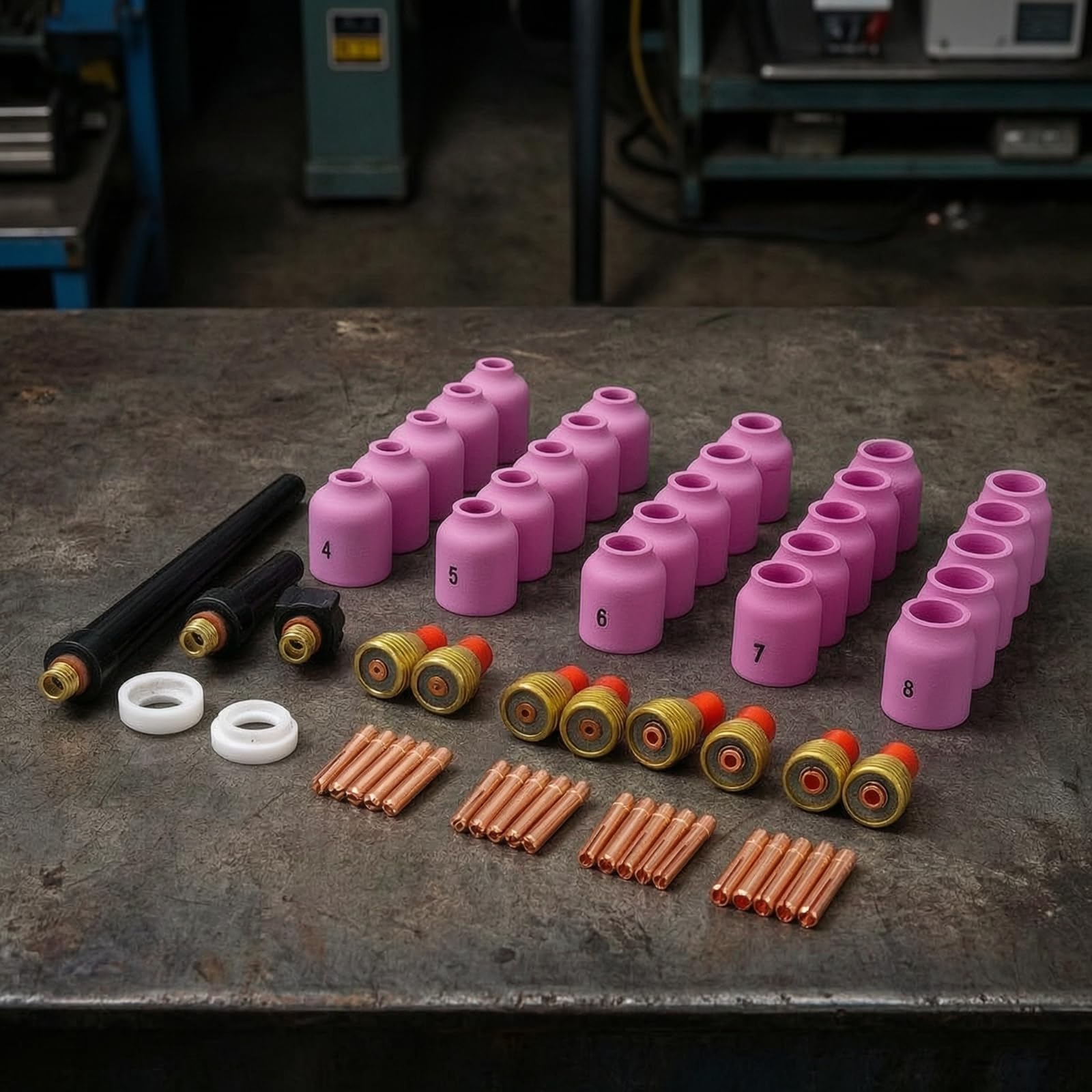 Kit Consumabili Tig Set 58 Pezzi Parti Ricambio Ugelli Lenti Gas Pinze Componenti in Ceramica Rame Plastica Compatibile con WP9 WP25 Adatto per Riparazioni Officine Laboratorio