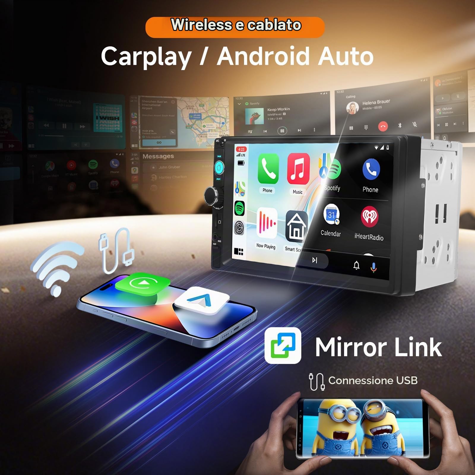 Hodozzy 7 Pollici 2 Din Autoradio con Wireless Carplay Android Auto, DAB+ Digital Radio 2 Din con Bluetooth, FM Radio, Mirror Link, Riproduzione Video, SWC, USB/AUX/Type-c/Scheda TF con Telecamera