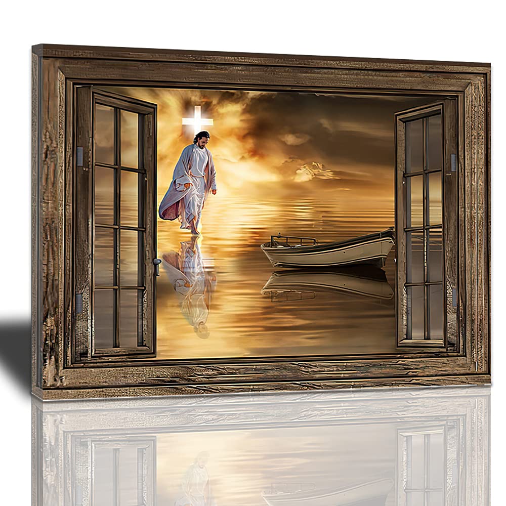 Bulldog Leather Works Jesus Decor Canvas Wall Art, Abstract Christ Cross Artwork Portrait Poster God Walking On Water Inspirational Painting Modern Home Decorations Framed Ready Hang 12x16inch