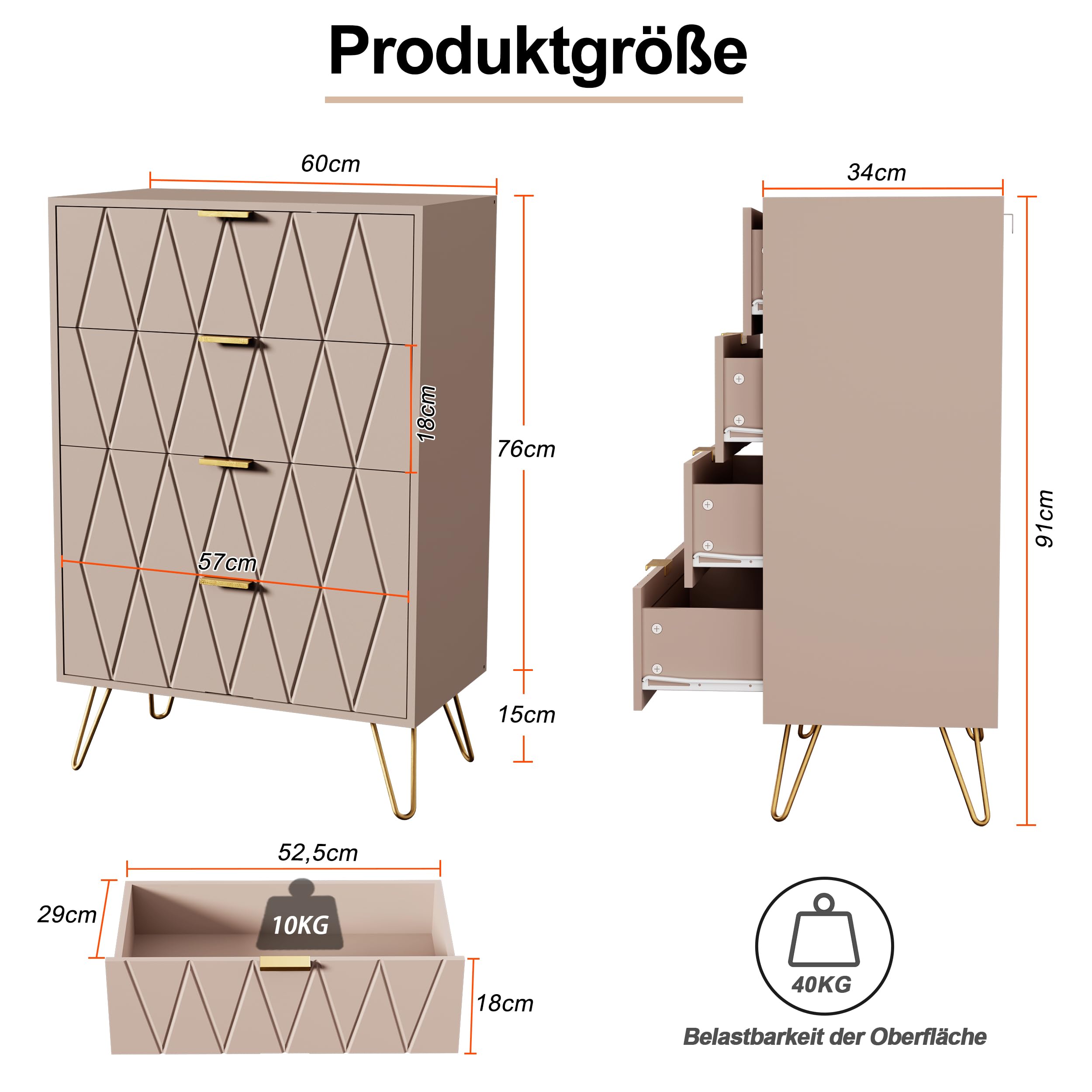 UEV Kommode mit 8 Schubladen 120x34x91cm, Modernes Sideboard (Moka)