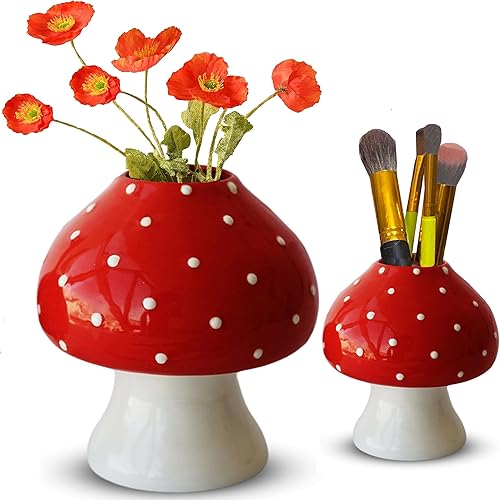 Juego de jarrón decorativo de hongos, cerámica, rojo y blanco, 2 piezas, versátil, inspirado en la naturaleza, fácil de limpiar, ideal para