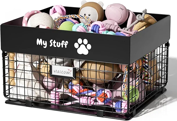 qeerable Dog Toy Basket - Metal Large Dog Toy Box for Small Dog - Dog Toy Storage Bin for Pet - Personalized Large Dog Toy Basket for Puppy and Pet- Dog Toy Organizer Holder Boxes for Living Room