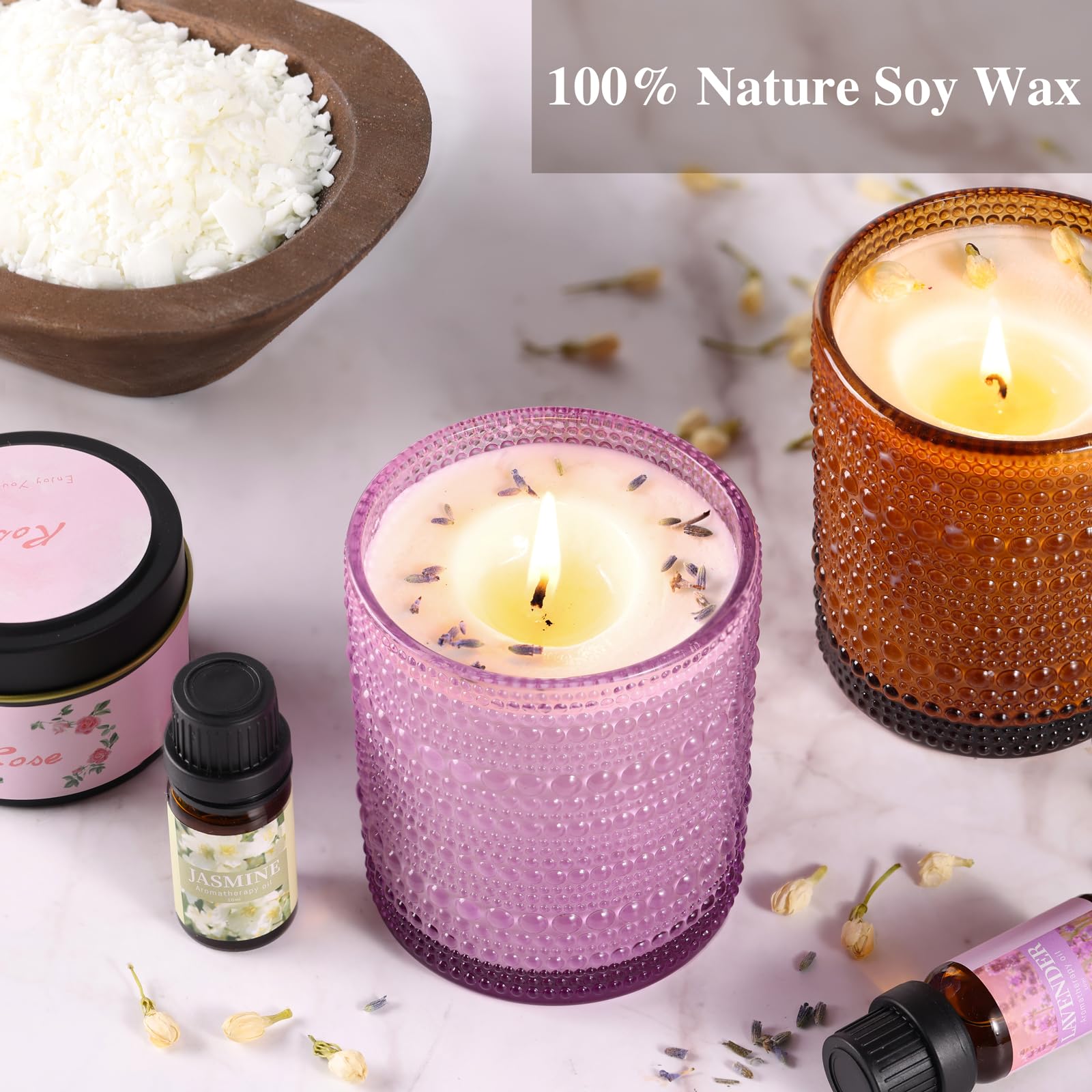 DARJEN Kerzenherstellungs-Sets für Erwachsene - Kerzenherstellungszubehör mit 4 Kerzengläsern (transparent, rosa, lila, bernsteinfarben), Kerzendosen, Sojawachs, Düfte, getrocknete Blumen und mehr