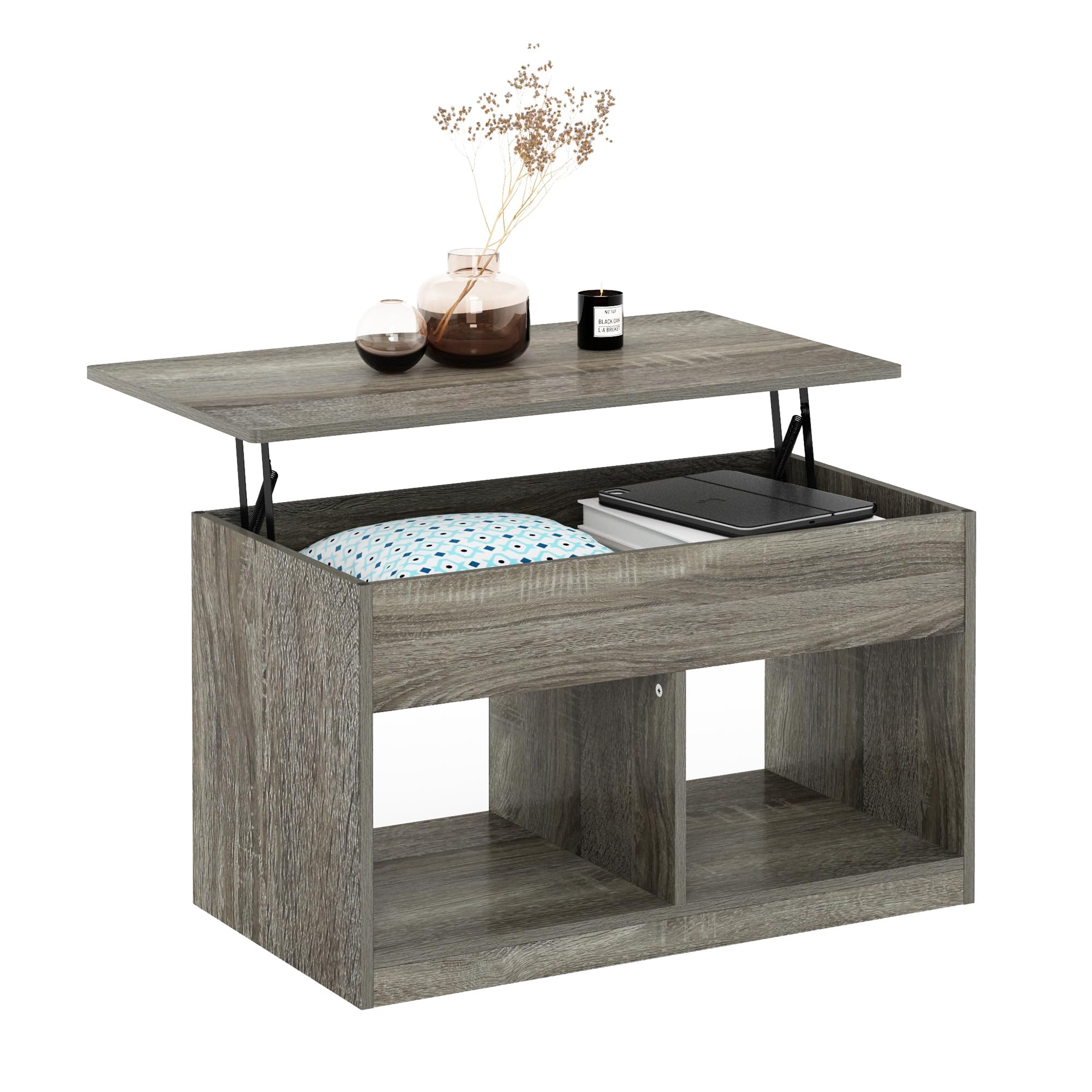 Furinno Jensen Living Room Lift Top Coffee Table with Hidden Compartment, French Oak Grey