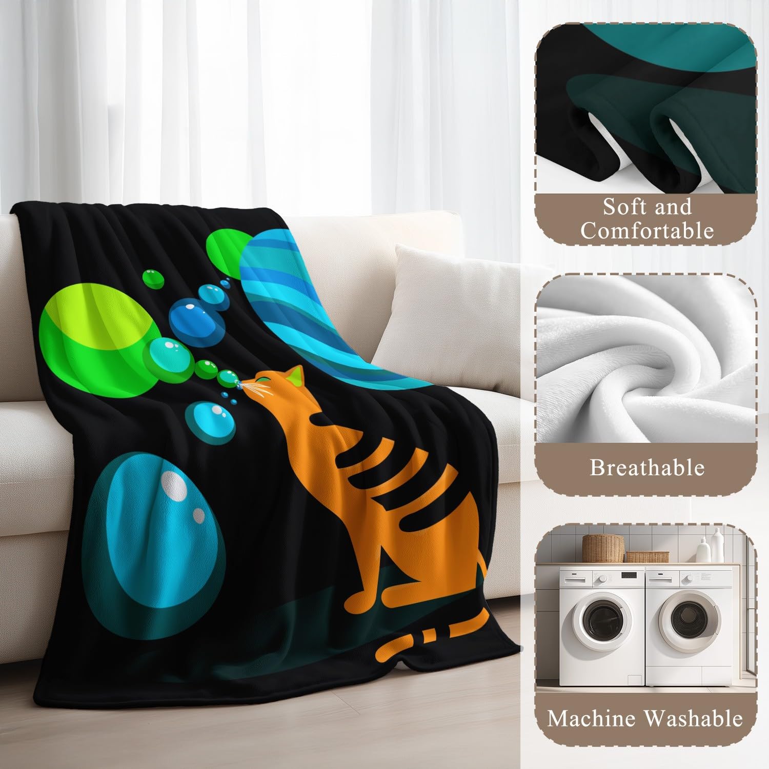Coperta di cartone animato fantascienza gatto pianeti universo bolle al neon surrealistiche per donna uomo, coperta in peluche super morbida in flanella, decorazione per la cameretta dei bambini, 180