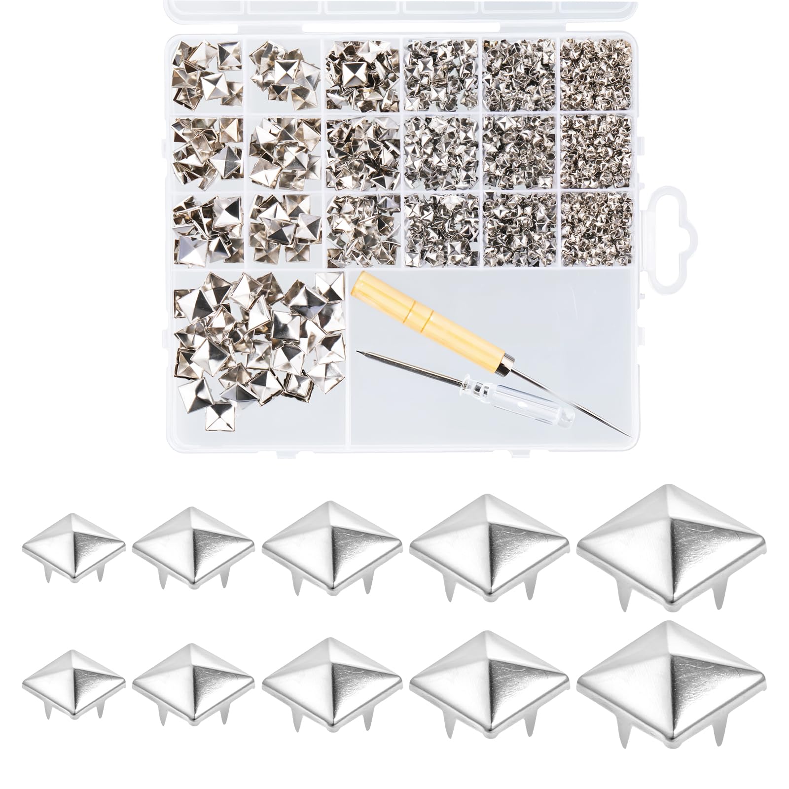 Photo 1 of 1220 Pcs Silver Pyramid Studs Four-jaw Square Punk Spikes Assorted Sizes Square Pyramid Studs with Awl and Flathead Screwdriver for Clothing Metal Spikes and Stud for Leather Clothing Bag Shoes
