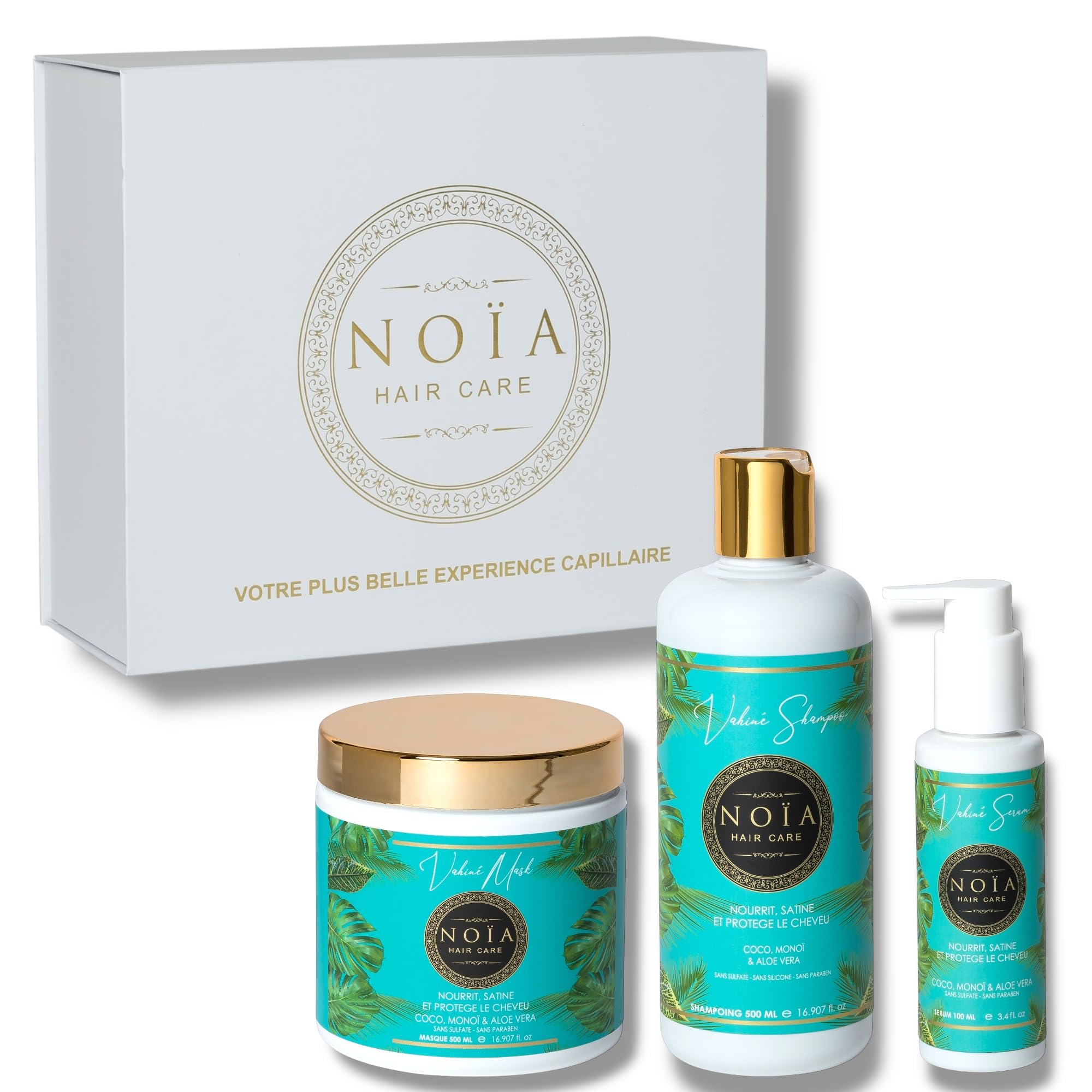 NOÏA HAIR - Discovery Set - VAHINÉ Collection - Trio Shampoo + Mask + Serum (Coconut, Monoi & Aloe Vera), No color, 1 l (Pack of 3)