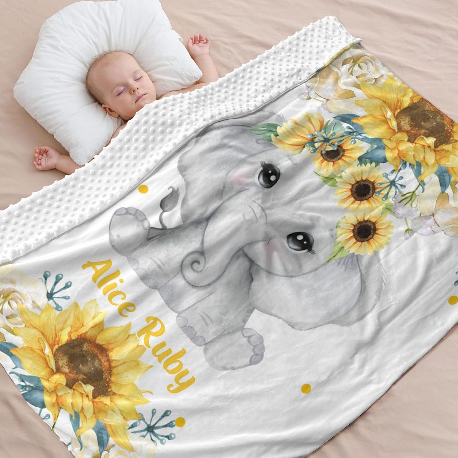 Sunflowers Cute Elephant Personalized Baby Blanket for Boys Girls,Custom Soft Minky Blanket Double Layer Dotted Naps 50X60 in