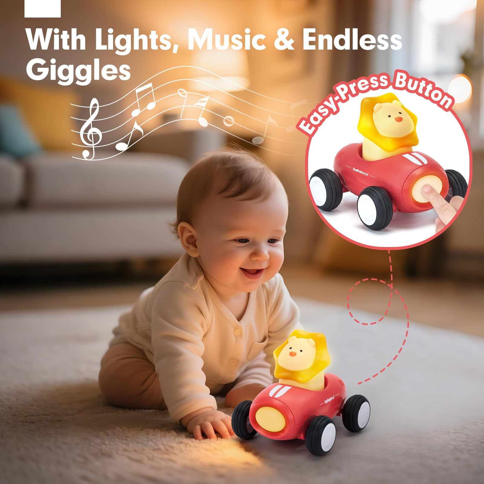 hahaland Giochi Bambini 1 Anno - 3 PCS Set Macchinine per Bambini con Musica & Luci, Macchinine Giocattolo Inerzia di Dinosauri, Coniglio e Leone, Regalo Gioco Bambino 1 2 3 Anno Musical